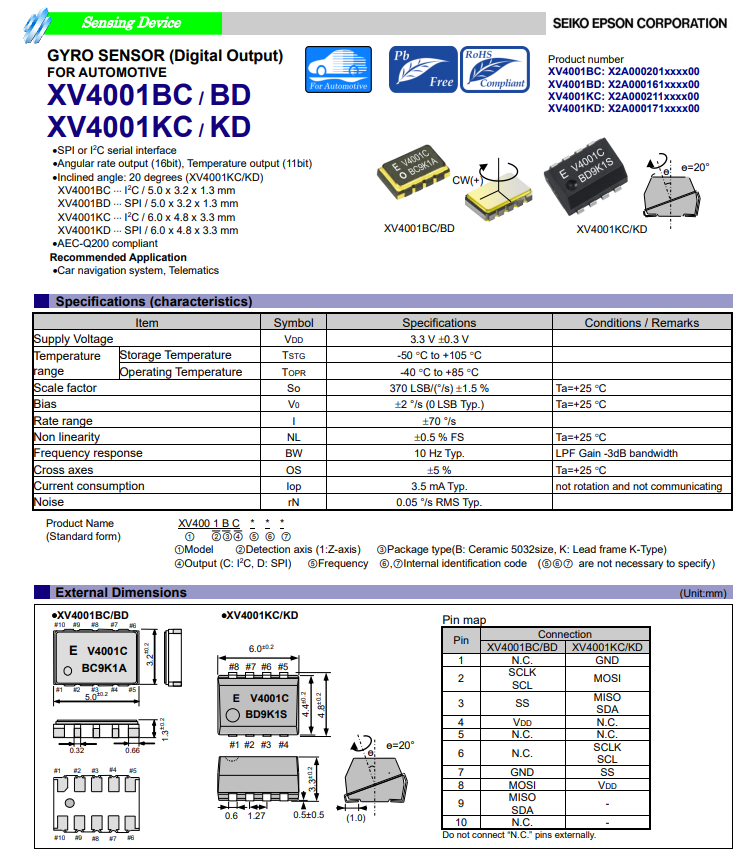 XV4001KD汽车级应用的数字输出陀螺传感器