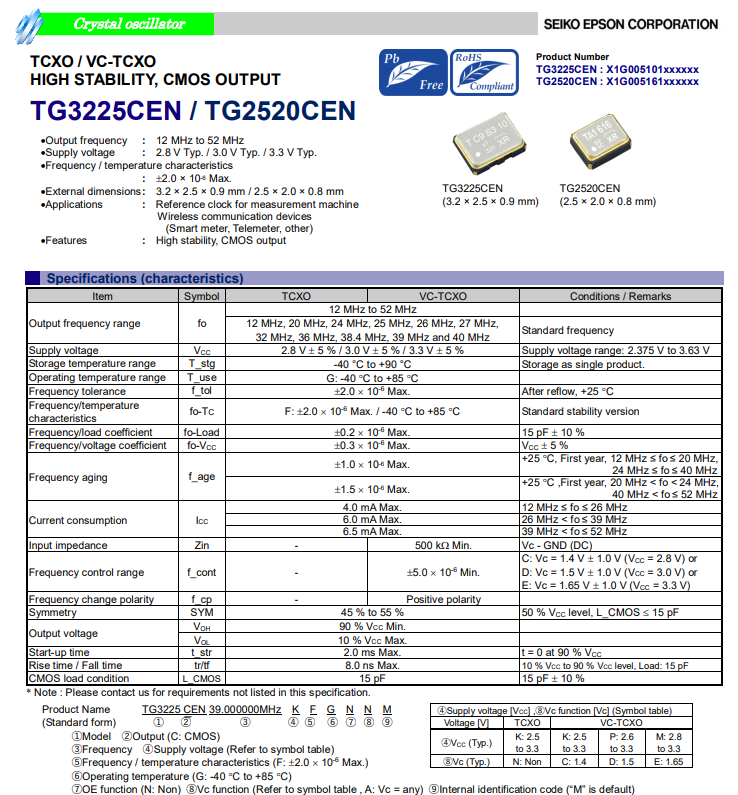 温补晶体振荡器TG2520CEN适用于北斗定位